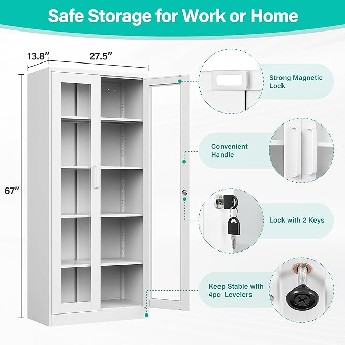 Metal Storage Cabinet with Lock and Glass Doors,Glass Display Cabinet,67" Tall White Storage Cabinets,Locking Curio Cabinets with 5 Shelves for Collectibles,Home,Office,Living Room