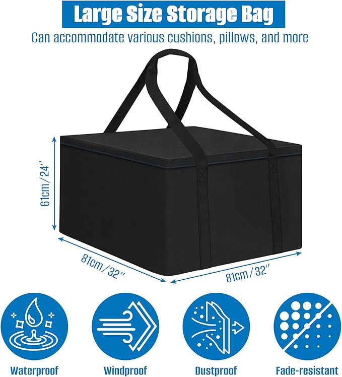 SIRUITON 32”L x 32”W x 24”H Outdoor Cushion Storage Bag,Patio Furniture Cushion Storage Bag,Heavy Duty Rip Proof 600D Oxford,with Handle and Zipper of Waterproof Garden Cushion Storage Covers
