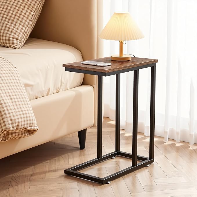VECELO C Shaped End Side Table for Sofa Couch and Bed Snack TV Tray for Living Room Bedroom, 1 PCS Brown