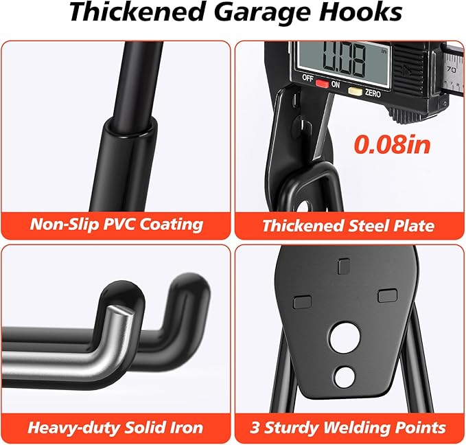 20 Pack Heavy Duty Garage Hooks,Solid Steel Wall Mount Hangers,with Anti-Slip Coating,for Hanging and Organising Ladder,Bike,Ropes,Broom,Garden,Yard and Power Tools