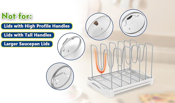 EVERIE Adjustable Bakeware Organizer Pot Lid Holder Rack for Pots, Cake Molds, Cutting Boards, Mats, Cookware, GS02SS, 7.7'' Deep by 12.6'' to 21.5'' Wide