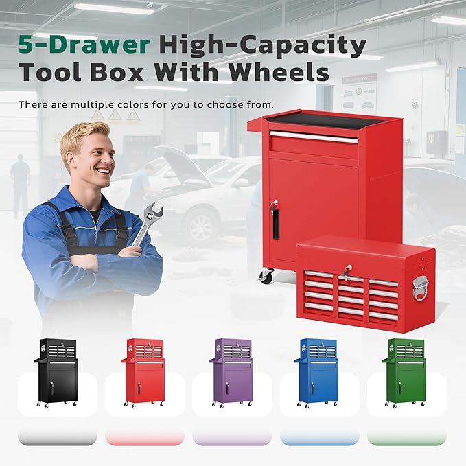 Greenvelly Tool Chest, 5-Drawer Rolling Tool Chest with Hooks and Lockable Wheels,Metal Storage Detachable Top Tool Box with Lockable Wheels for Garage,Workshop,Art Studio(Red)