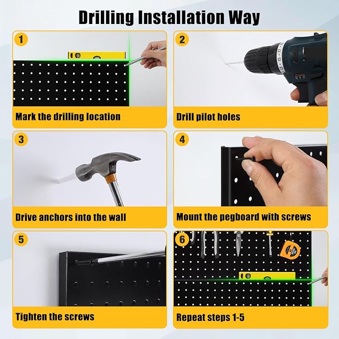 PBHEPJ 6 Pcs Metal Pegboard Panels, Heavy Duty Peg Boards for Garage and Garden Tool Storage, Includes Drywall Anchors and Screws Kits, Black