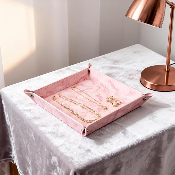 siduater Valet Tray Desktop Storage Organizer – Vegan Leather Catchall Bedside Vanity Tray Nightstand Caddy Holder for Remote Controller, Watch, Keys, Phone, Wallet, Coin, Jewelry, Marble Pink