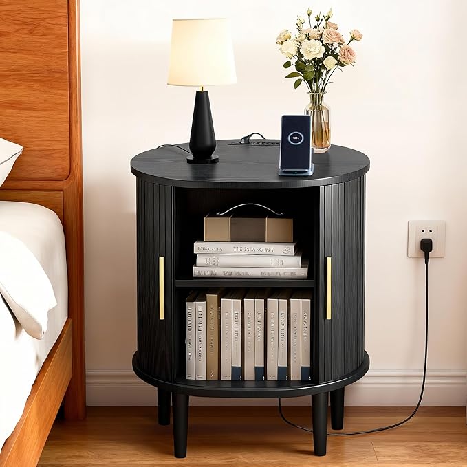 Nightstand with Charging Station, Fluted Accent Side Table with Sliding Door & Adjustable Shelf, Mid-Century Modern End Table for Small Space, Living Room, Bedroom(1, Black)