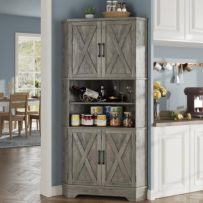Corner Cabinet, 67''H Kitchen Pantry Storage Cabinet, 6-Tier Corner Food Pantry Hutch with 4 Barn Doors and Shelves, Tall Farmhouse Furniture for Kitchen Dining Living Room, Grey
