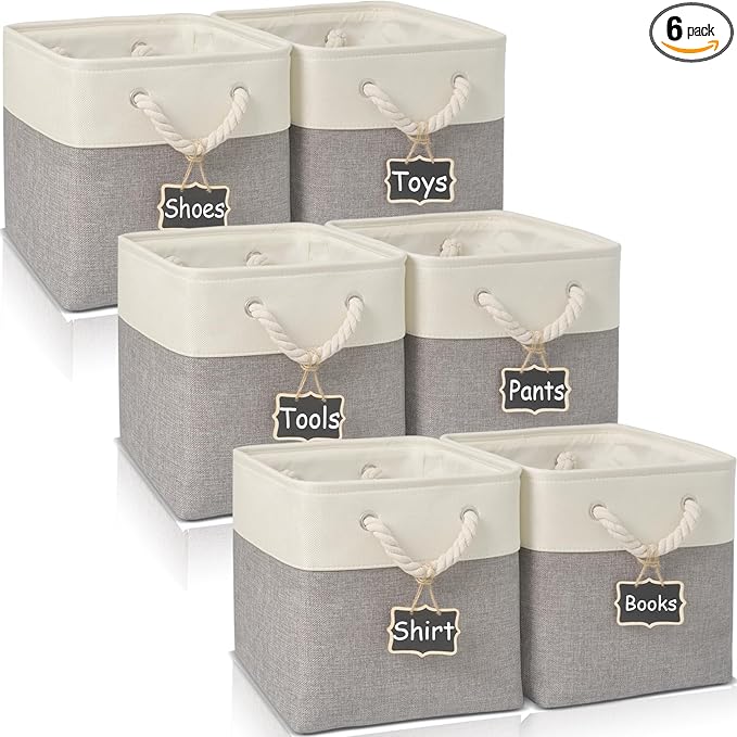 12x12 storage cube bins[6 Pack],Fabric Storage Cubes with Rope Handles, Eco-Friendly Linen Collapsible Organizers for Closet, Nursery, Toys, Office, Bathroom – Dual Color Design.(White&Grey)
