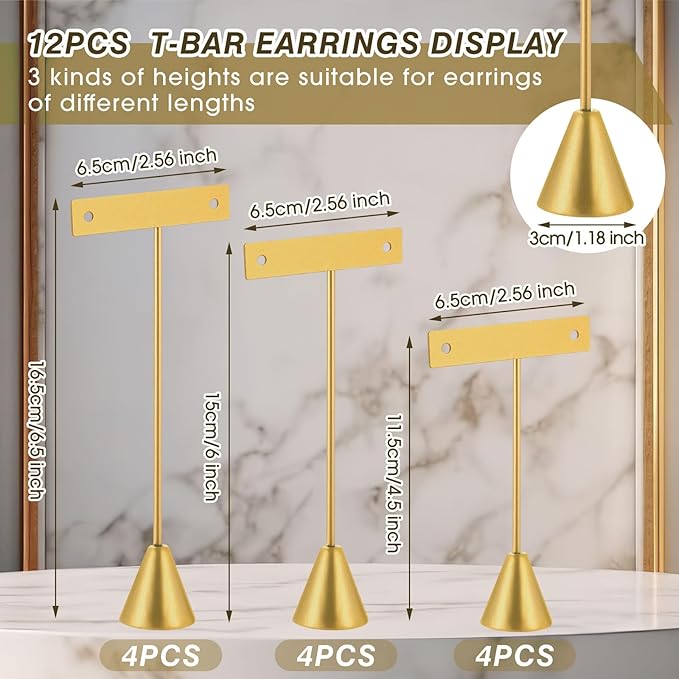 Marsui 12 Pcs Earring Display Set Earring T Bar Display Earring Holders with 3 Heights Earrings Display Stand for Jewelry(Gold)