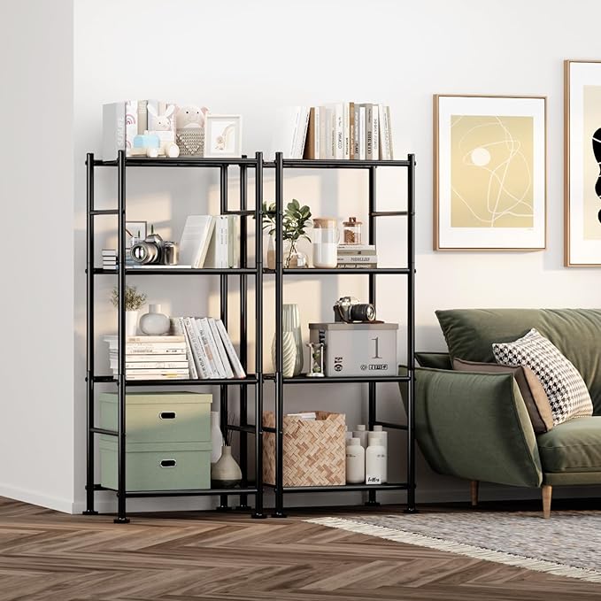 Storage Shelves - Set of 2, 4-Tier Metal Shelf Organizer, Space-Saving Garage Shelving with Leveling Feet, Standing Shelves Organizer for Kitchen, Laundry, Pantry (18.1"x12.3"x44.1", Black)