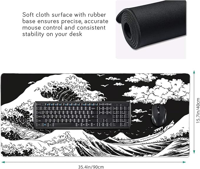 Japanese Sea Wave Large Mouse Pad, Anime Style Gaming Desk Mat, XXL Keyboard Desk Pad Mat for Desktop, 35.4"x15.7" Non-Slip Base Big Mousepad with Stitched Edges