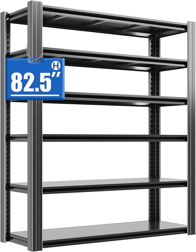 Metal Storage Shelving Heavy Duty, Shelves Unit for Garage, Adjustable 6 Tier Storage Rack, Industrial Utility Shelf for Garage, Warehouse, Basement, Kitchen, 18" D x 48" W x 82.5" H, Black