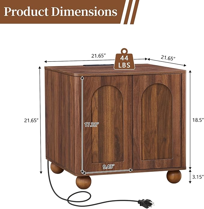 Bed Side Table with Charging Station, Mid Century Modern Nightstand with 2 Doors, Square End Table with Storage for Couch,Living Room,Small Spaces, Sofa Side Table for Office,Dorm - Walnut