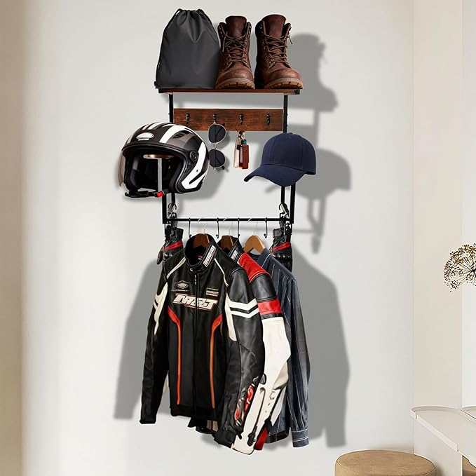 Motorcycle Helmet Holder Wall Mount, Wooden Helmet Display Stands with Metal Frame Tiered Organizer,with 2 Helmet Rack,4 Glove Chips and 8 Hooks for Motorcycle Gear Accessories Storage