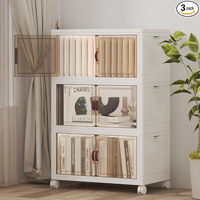 Extra Large Stackable Storage Bins with Lids & Wheels, Foldable Collapsible Closet Organizers Storage Cabinet with Doors for Bedroom Dorm (White, 165QT-55QT/14GAL*3Pack)