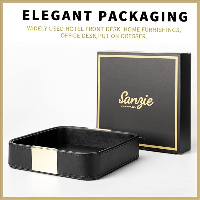 SANZIE Luxury Leather Desktop Storage Small Catchall Organizer Decorative Tray for Entryway Table to Hold Jewelry Watch Cosmetics Keys Phone Wallet, Home & Office Accessories (Metal Glided, Black)