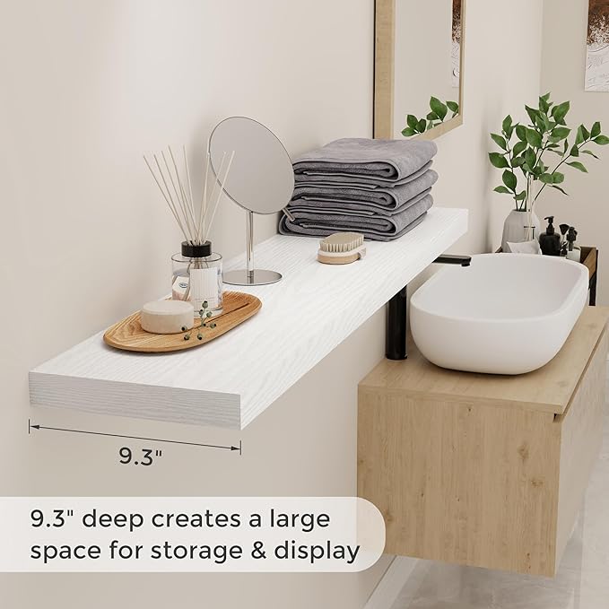 Fun Memories White Floating Shelves 48 Inch Long, Wood Wall Shelves 48x9.3x1.5, 9.3 Inch Deep Floating Shelf for Wall, Large White Shelves for Home Decor & Storage