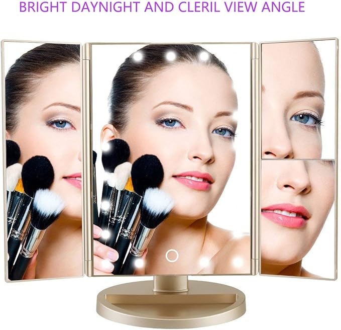 Tri-fold Lighted Vanity Makeup Mirror with 3x/2x/1x Magnification, 21Leds Light and Touch Screen,180 Degree Free Rotation Countertop Cosmetic Mirror,Travel Makeup Mirror (Gold)