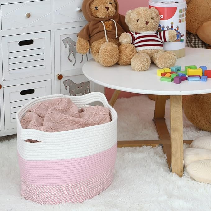 Sea Team Oval Large Cotton Rope Woven Storage Basket with Handles, Diaper Caddy, Baby Shower Basket, Nursery Nappies, Clothes Toys Organizer for Kid's Room, 16 x 13 inches, White & Mottled Pink