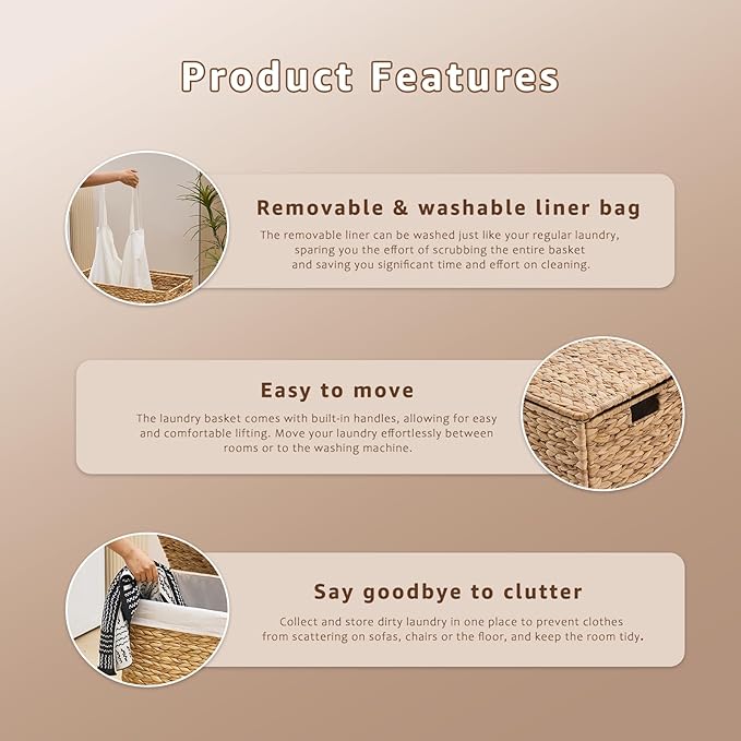 Laundry Hamper with Lid and Removable Liner Bag, Handwoven Natural Hyacinth Clothes Hamper with Heightened Feet, Wicker Laundry Basket for Clothes and Towels，Middle