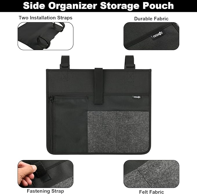 Cosmos Armrest Chair Side Organizer Bedside Caddy Organizer Bed Buk Storage Bag Armchair Wheelchair Hanging Side Pocket Bag for Ipad, Tablet, Cellphone, Remote Control, Magazines, Books & Water Bottle