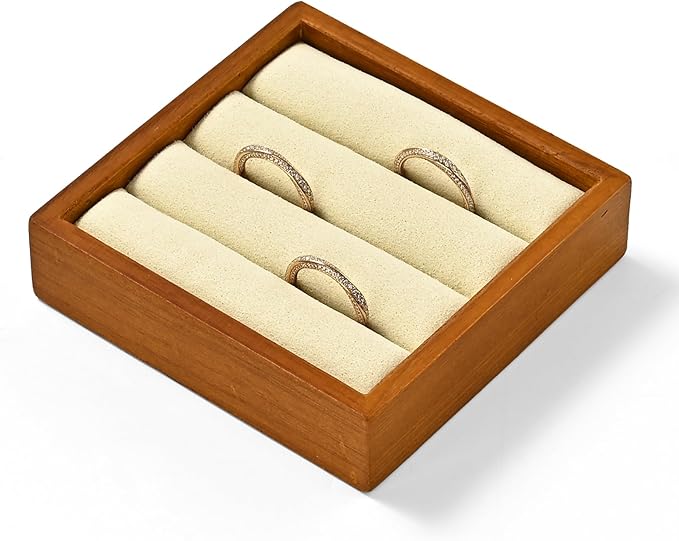 Solid Wood 3-Slots Jewelry Ring Display Tray Showcase Small Jewelry Display Organizer Tray for Rings(S,Beige)