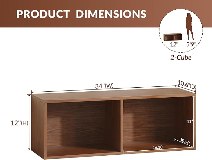 IOTXY DIY Modular Cube Bookcase - CubeXY Customizable Stackable Expandable Basic Shelving Units, 2-Cube Wooden Open Bookshelf for Miscellaneous Storage Organizer, Walnut