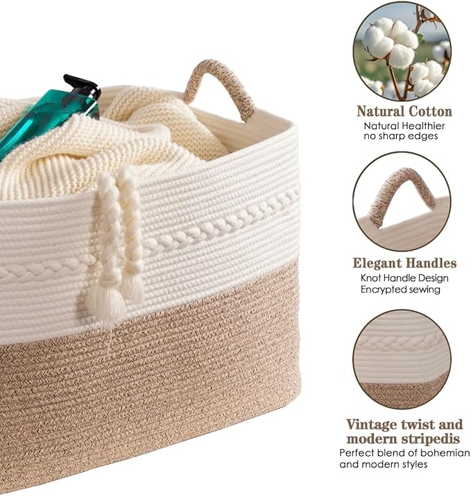 Decorative laundry basket with handles woven from natural cotton rope storage blankets for living room cute boho quilted gift baskets for clothes pillows toys 20"x14"x10",white/brown