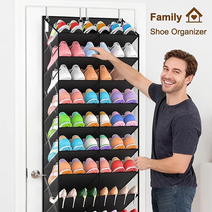 30 Pairs Over the Door Shoe Organizer, Clear Pockets Hanging Shoe Storage for Closet, 10-Tier Door Shoes Rack Storage, Handing Shoes Holder Fit All the Family's Sneakers, Boots, Heels, Black