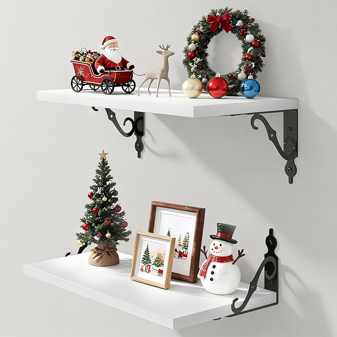 16 Inch Deep Floating Shelves for Wall, 8 Inch Deep Floating Shelf with Bracket, White Wall Shelves 16 Inches Long, Wide Display & Storage Shelves for Living Room, Bathroom, Bedroom, White, Set of 2