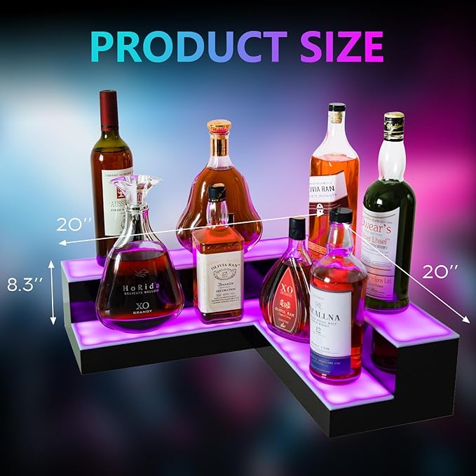 Corner Led Lighted Liquor Bottle Display Shelf, 20 Inch 2 Tier Whiskey Rack, Support USB, Bar Stand with RF Remote & App Control, Illuminated Acrylic Lighting Shelves for Home Bar, Party