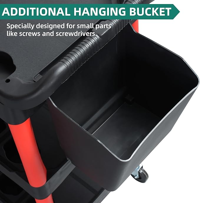YITAHOME Auto Detailing Cart with Wheels, 3 Tier Rolling Detail Cart with Long Hanging Plate & Hooks & Hanging Bucket, Car Wash Organizer Cart for Detailers Garage, Workshop, Repair Shop, Storage Tool