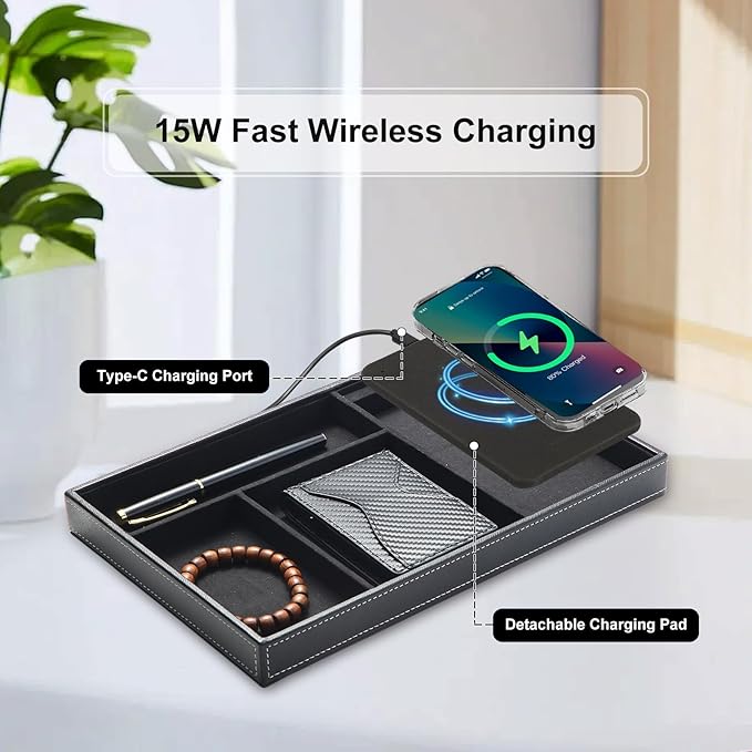 TopMade Valet Tray with Wireless Charging Pad Nightstand Organizer, Leather Desktop Storage Dresser Organizer Charging Station, Jewelry Box Catchall Bedside Vanity Tray for Men Women(Black)