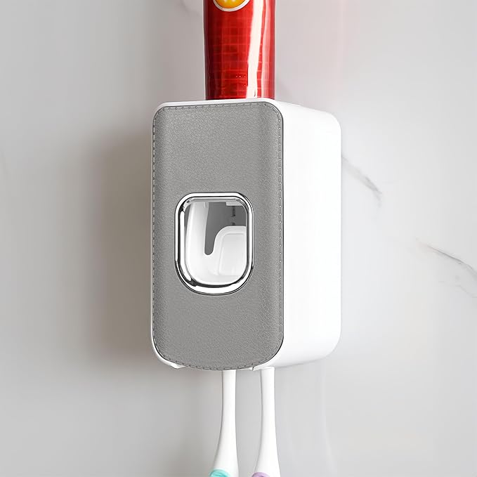 2 Slot Plastic Toothbrush Holder and Toothpaste Dispenser Wall Mounted, Automatic Toothpaste Squeezer, 2 in 1 Tooth Brush Toothpaste Organizer for Shower (Grey)