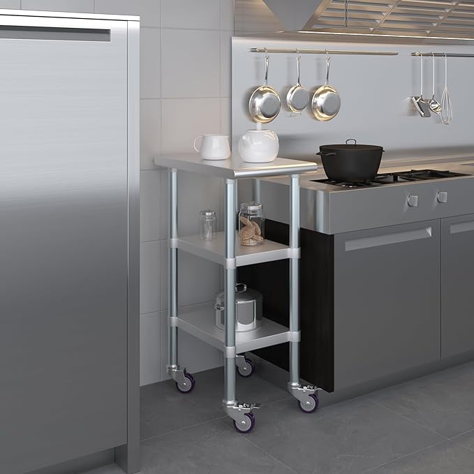 AmGood Stainless Steel Work Table with 2 Shelves and Casters | Metal Utility Table On Wheels (Stainless Steel Work Table with 2 Shelves + Casters, 15" Long x 24" Deep)