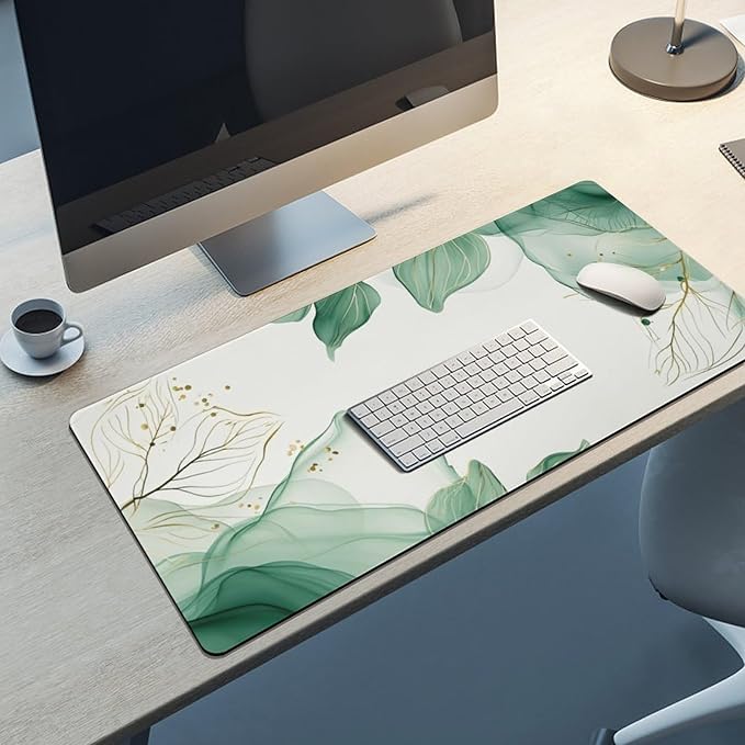 Watercolor Green Leaves Large Mouse Pad, Vintage Aesthetic Gaming Desk Mat, XXL Keyboard Desk Pad Mat for Desktop, 35.4"x15.7" Non-Slip Base Big Mousepad with Stitched Edges