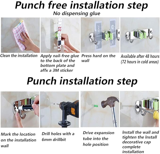 DGSL 1 PCS Broom Holder Wall Mount with 3 Racks 4 Hooks, Stainless Steel Wall Mounted Organizer Mop and Broom Storage Tool Rack for Home Kitchen Garden