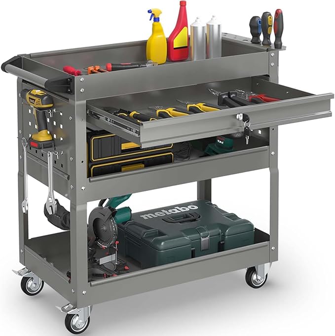 3-Tier Rolling Tool Cart, Metal Heavy Duty Utility Cart on Wheels with Lockable, 330 lb. Load Large Storage Capability Tool Cart for Garage, Warehouse, Repair Shop（Gray）