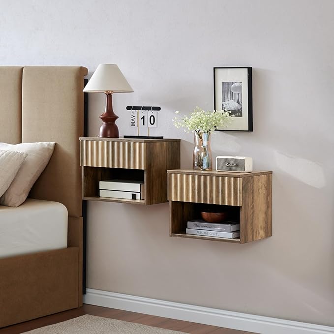 Floating Nightstand with Fluted Drawer - Modern Wall Mounted Bedside Table with Open Storage Shelf, Small Night Stand TV Stand for Bedroom(Rustic Brown, Set of 2)