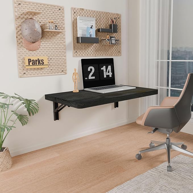 IAE Wall Mounted Folding Table with Pine Wood,24" x 14" Floating Wall Desk,Laundry Folding Table with Shelf Brackets,Fold Down Desk Shelf,Folding Workbench for Home,Dining,Laundry Room,Kitchen,Black