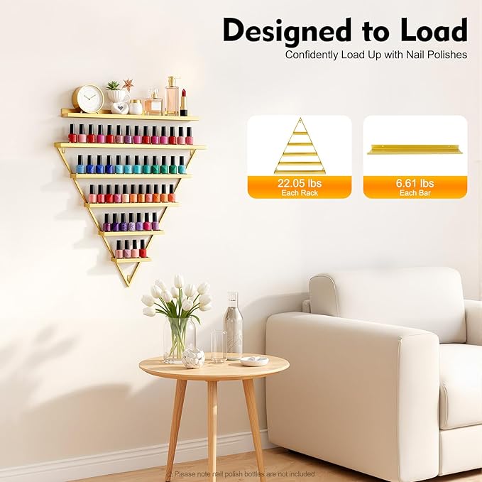 10PCS Gold Triangular Nail Polish Racks, 5 Tiers Wall-Mounted Nail Polish Racks Cosmetic Display Rack Essential Oil Organizers Lipstick Perfume Wall Shelf for Home Spa Nail Salon Shop