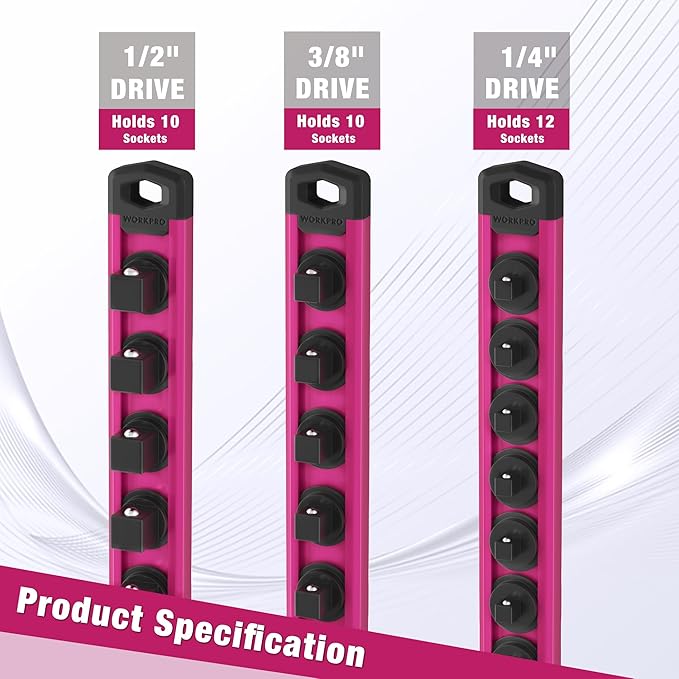WORKPRO Magnetic Socket Organizer, 1/2-Inch Drive Aluminum Alloy Socket Rail, Heavy Duty Socket Holder, Socket Rack Kit 1/2-Inch x 10 Clips Rose Red(Socket not Included)