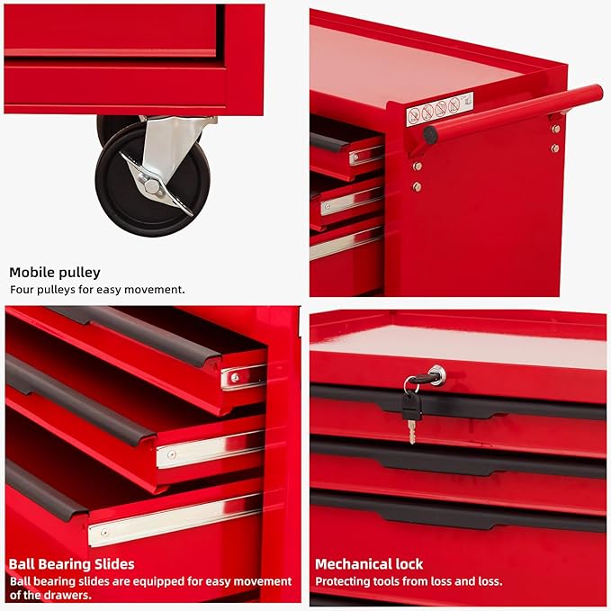 7-Drawer Rolling Tool Chest Cabinet, Large Capacity Metal Tool Box with Wheels and Cylinder Locking, Roll Around Storage Organizer Tool Cart for Garage, Warehouse, Work Shop - Red