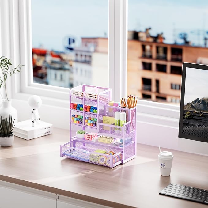Marbrasse Mesh Pen Holder for Desk, Multi-Functional Pencil Organizer with Drawer, Desk Organizers and Accessories for Office Art Supplies (Purple)