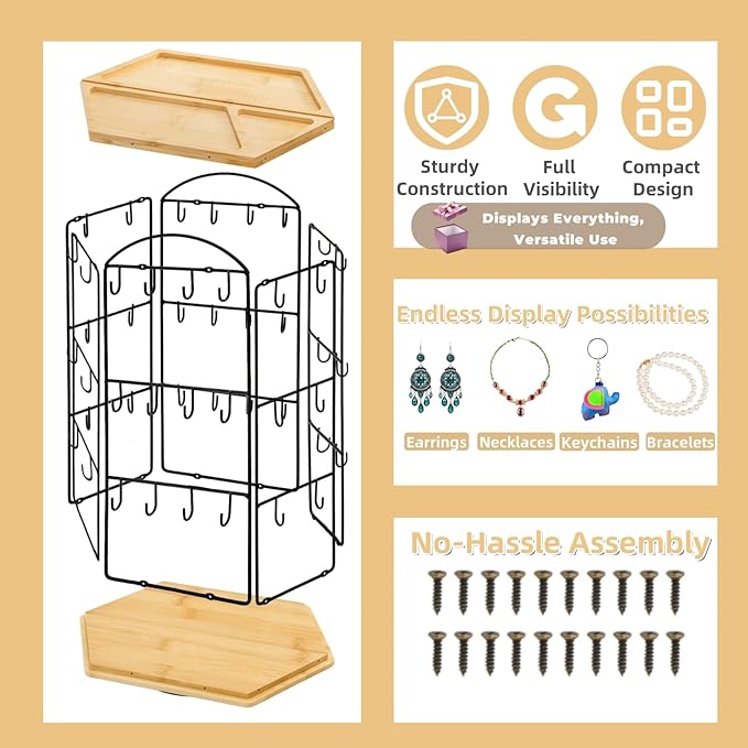 Rotating Earring Display Stand for Vendors, 48 Hooks Hexagon Bamboo Jewelry Holder, Large Capacity Jewelry Storage Showing Rack for Selling, Store, Home, Necklace Bracelet Keychain, 3 Tiers