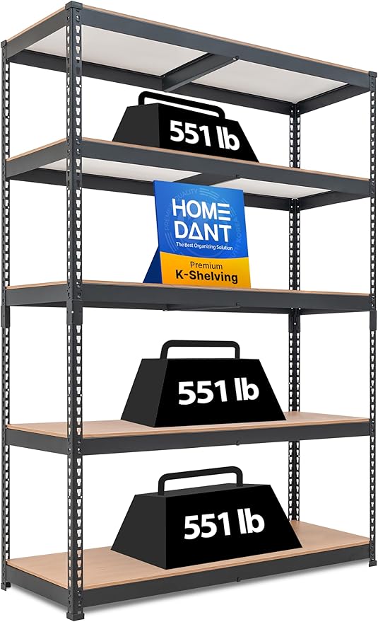 HOMEDANT 5 Tier Storage Shelves Adjustable Laminated Boltless Garage Metal Shelving Unit Heavy Duty Utility Rack Shelf Warehouse Pantry Closet Kitchen (1, (L) 48.1" W, Black)