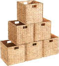 Ornavo Home 13 x 13 Inch Water Hyacinth Baskets Set of 6 – Handwoven Collapsible Wicker Storage Cube Bins with Handles for Bathroom, Bedroom, Laundry and Pantry - Natural