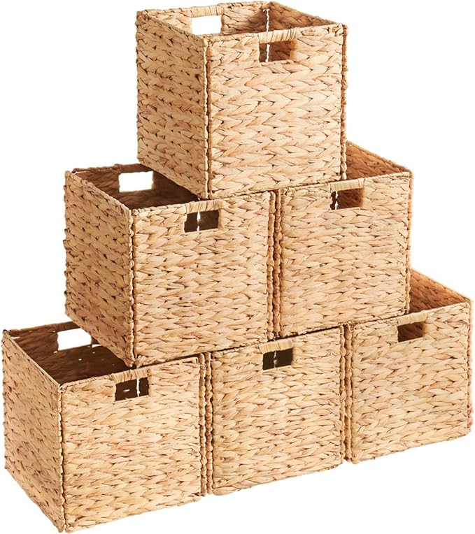 Ornavo Home 13 x 13 Inch Water Hyacinth Baskets Set of 6 – Handwoven Collapsible Wicker Storage Cube Bins with Handles for Bathroom, Bedroom, Laundry and Pantry - Natural