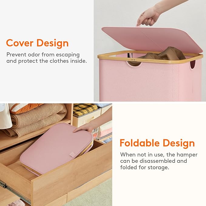 Lifewit 150L Laundry Basket with Lid, Clothes Hampers for Laundry with Bamboo Handles and 2 Removable Bags, Large Foldable Laundry Hamper for Bedroom, Bathroom, Dorm, Pink