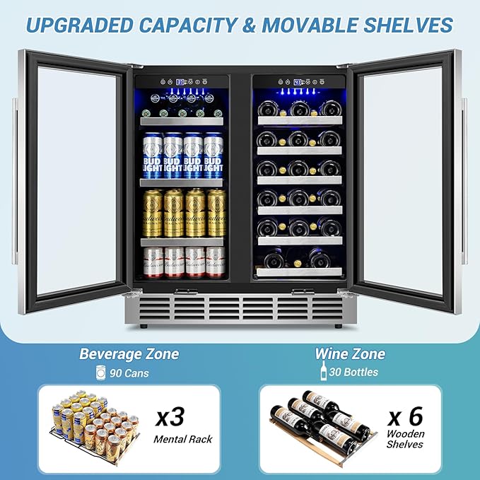 30Inch Wine and Beverage Refrigerator - Dual Zone Beverage Cooler Under Counter, Holds Up to 30 Bottles & 90 Cans Drink and Beer Fridge Built-In for Home Kitchen Bar and Office