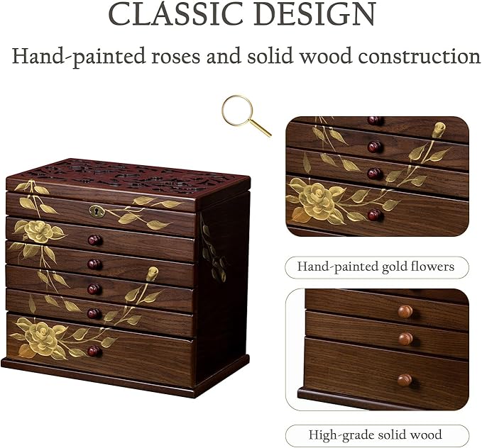 Hand-painted Wooden Jewelry Box, 7 Layer Jewelry Organizer, Vintage Wooden Jewelry Boxes for Women,jewelry holder organizer,5 drawer dresser,necklace organizer box with lock